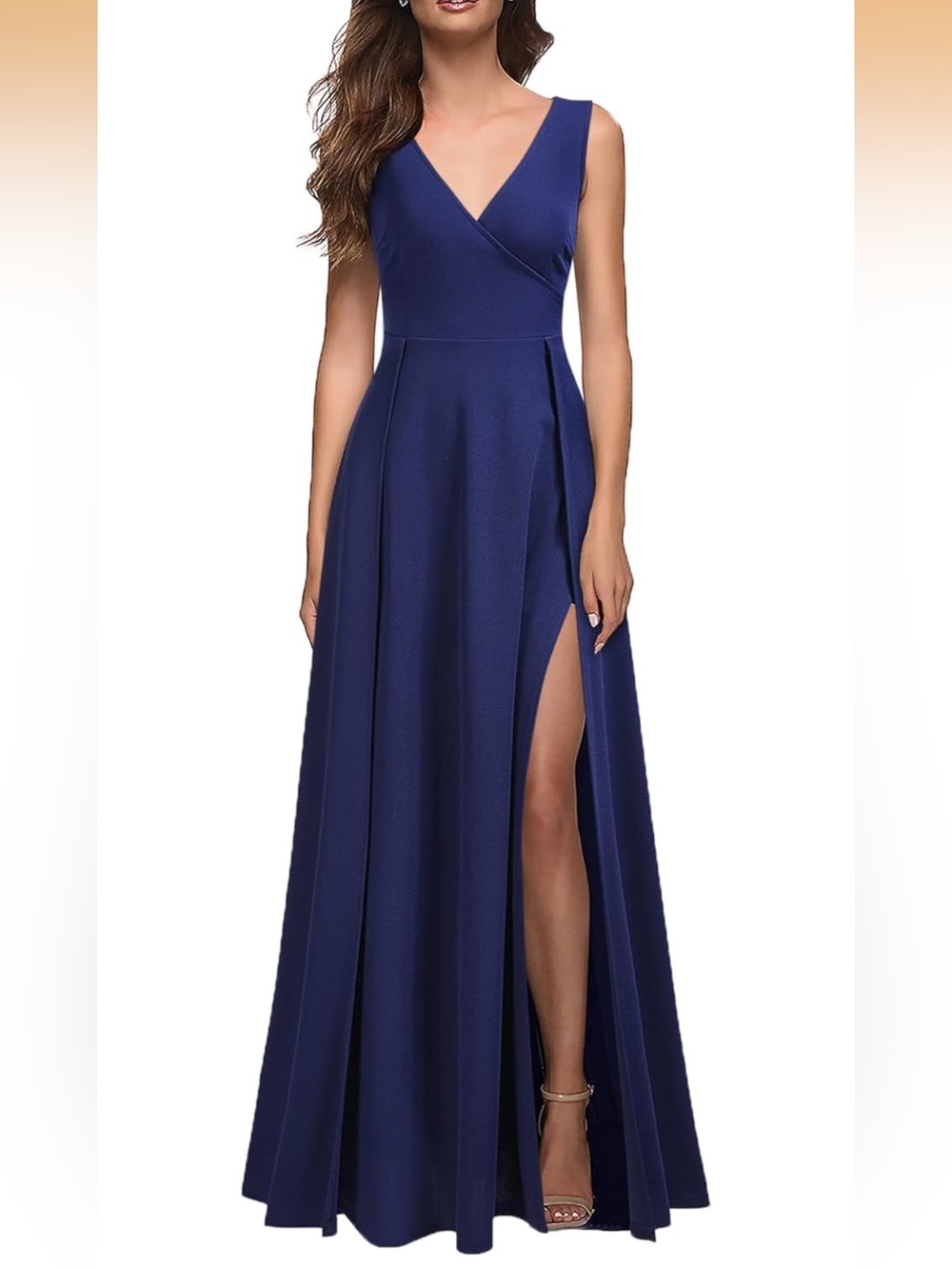 Sleeveless Navy Maxi Dress with V-Neck and Side Slit